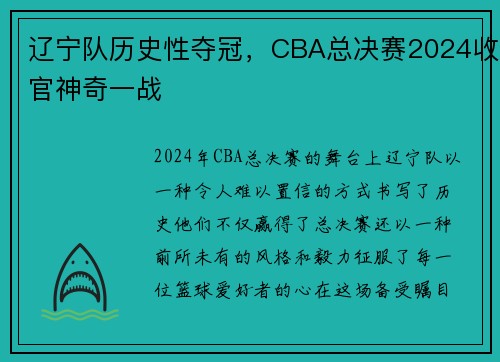 辽宁队历史性夺冠，CBA总决赛2024收官神奇一战